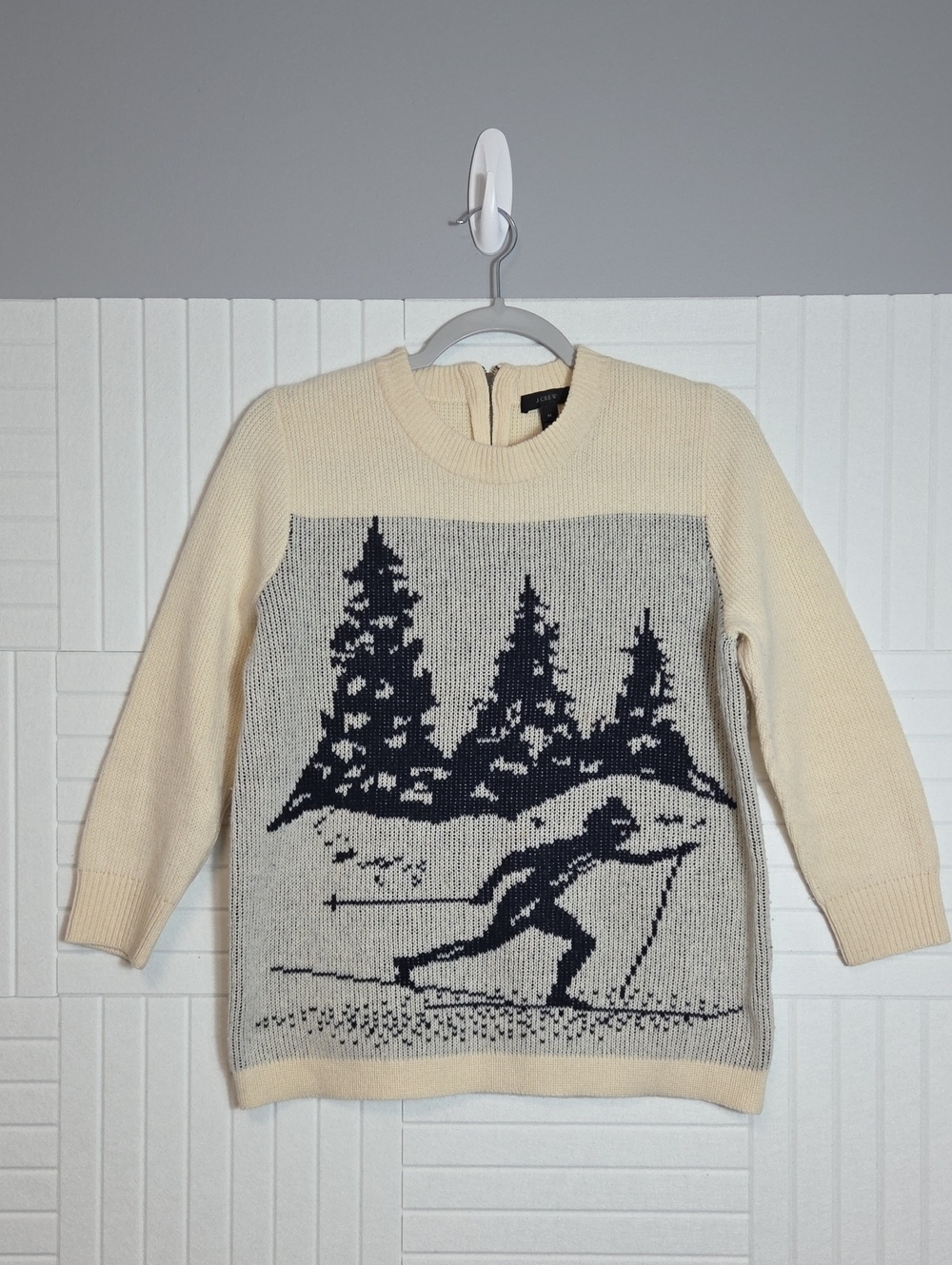 J. Crew 100% Wool Cream And Navy Blue Skiier Zip Back Sweater Size M